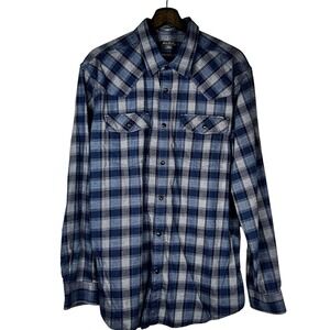 Eddie Bauer Mens Large Blue Plaid Western‎ Snap Front Classic Fit Cotton Shirt